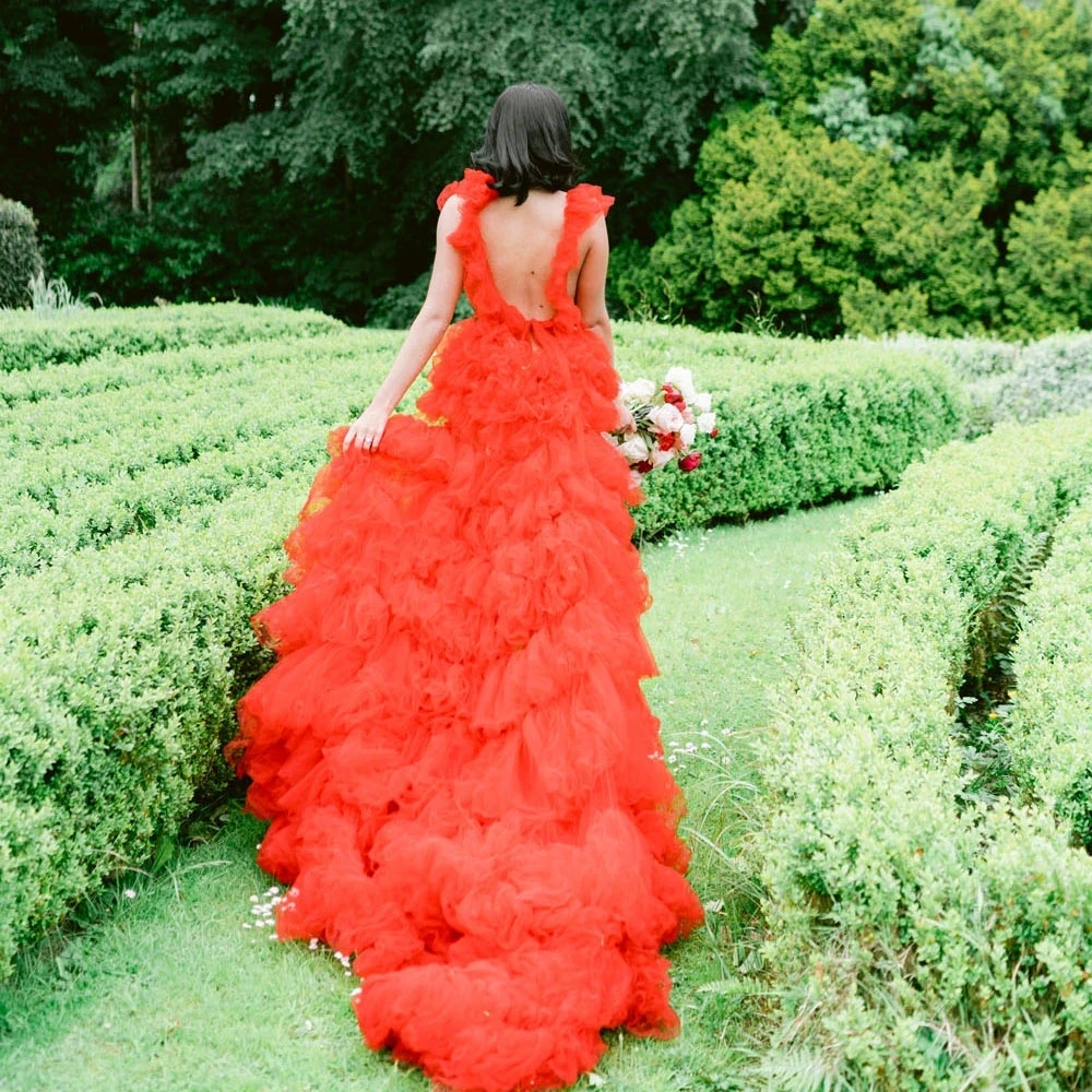 Robe de Patients en Tulle Rouge à Couches, Longue Traîne, Maille Bouffante, Photographie de Mariage, sur Mesure, pour ixde Bal de Jardin, Offre Spéciale