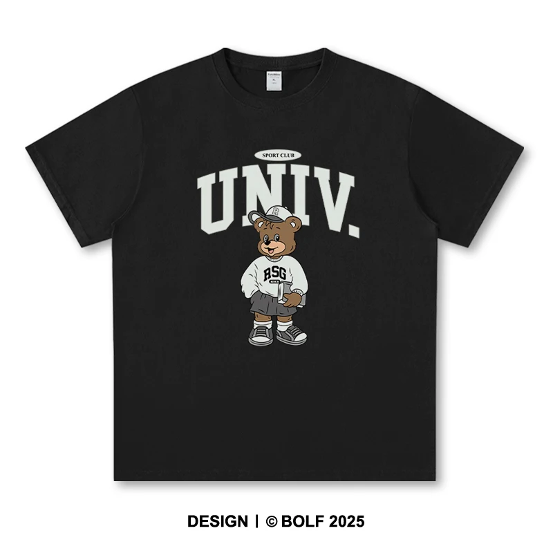 American College Bear Printed Unisex Men Women T-Shirt Tees Tops 100% Cotton Oversized Letterman Graphic