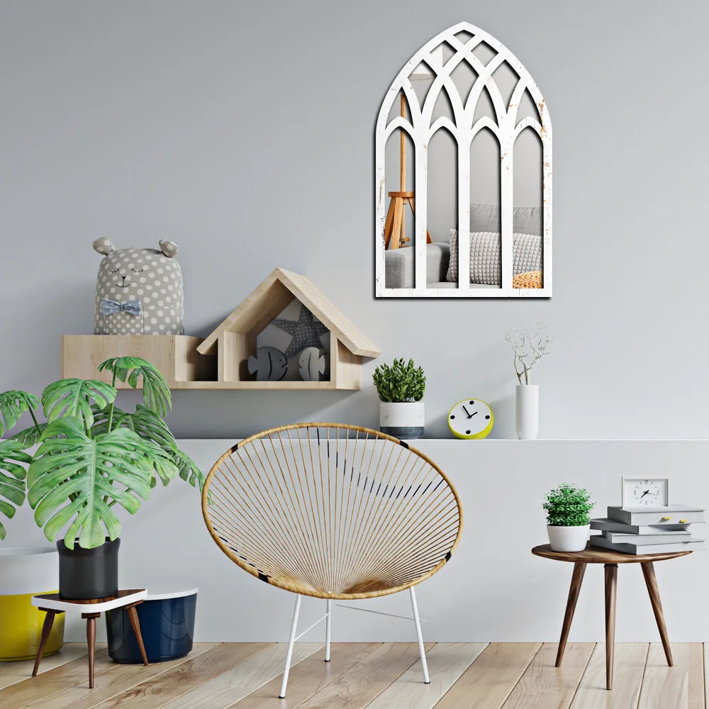 Vintage Gothic Style Faux Window Wall Mirror Wood Hanging Decor for Home Decoration Art Space Bedroom Living Room Gothic Decor view 4