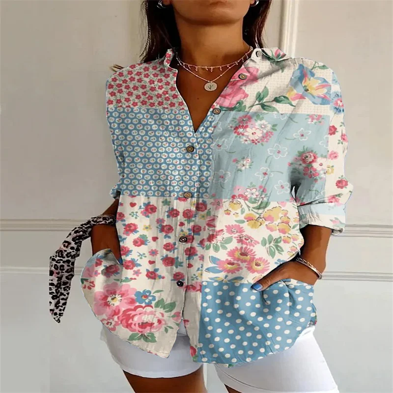 2024 New Women\'s Long Shirt 3D Digital Printing Women\'s Casual Drop Shoulder Sleeve Shirt Retro Floral Shirt Top