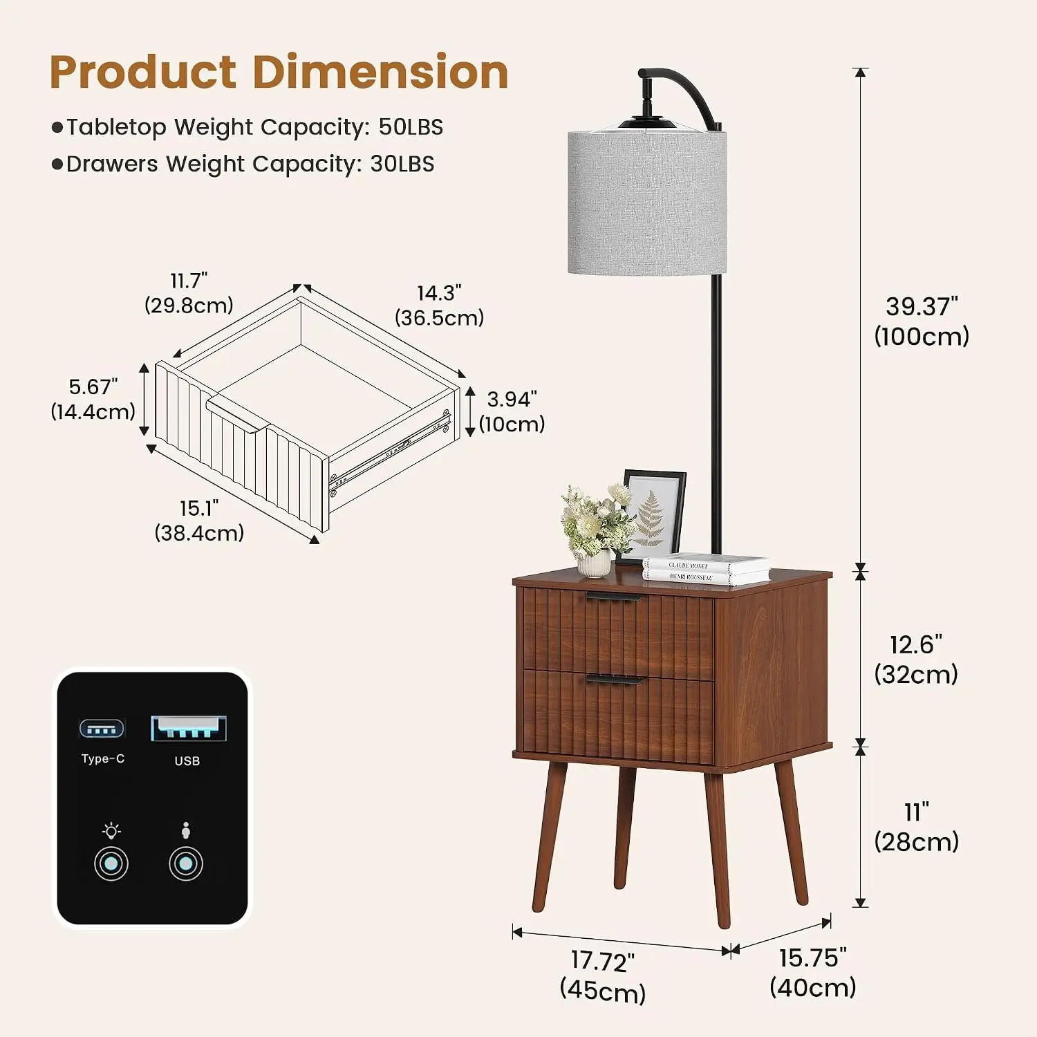 LED Nightstand with Lamp Beige Shade Bedroom Reddish-Brown Set of 2 with 2 Drawer 3 Color Light Bedside Table USB&Type-C End Tab