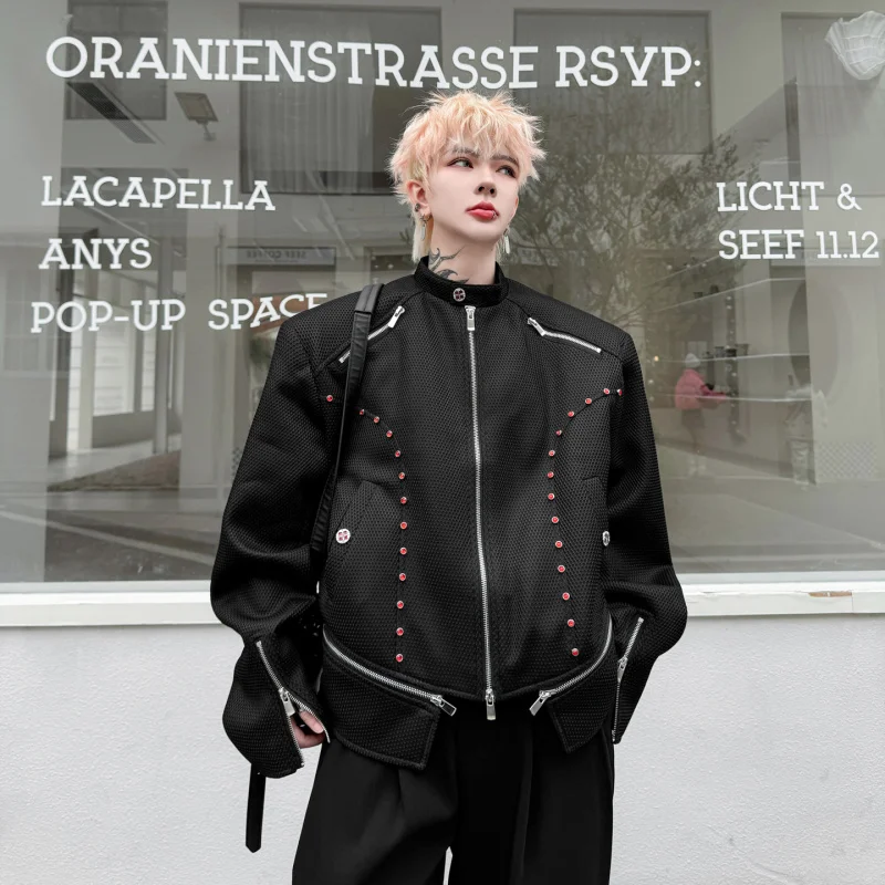 

Spring 2026 Men's Loose Casual Sle Pure Color Jaet with Rivet Stand Collar Hip Hop Brand Faion Outerwear Top