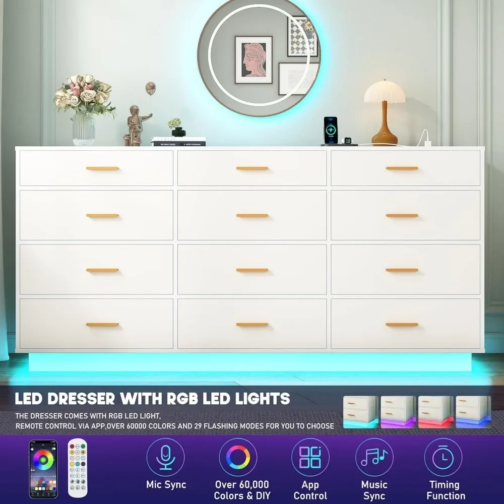 12 Drawers Dresser w/Power Outlet,60000-Colors Lights for Bedroom W/Anti-toppling Design,63