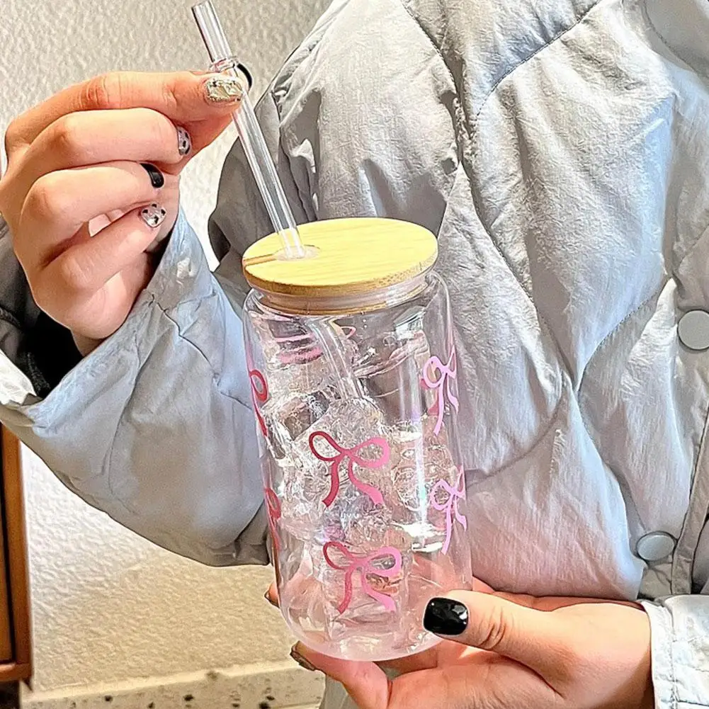 Прозрачный стеклянный стакан на 16 унций, розовый бант, цветочная наклейка, чашка для сока, подходит для горячих и холодных напитков летом D2V6