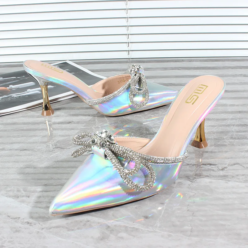 Modern Slippers 2024 Summer New Laser Pointed Toe Crystal Bow High Heel Slippers Thin Heel Sexy Outer Women's Sandals