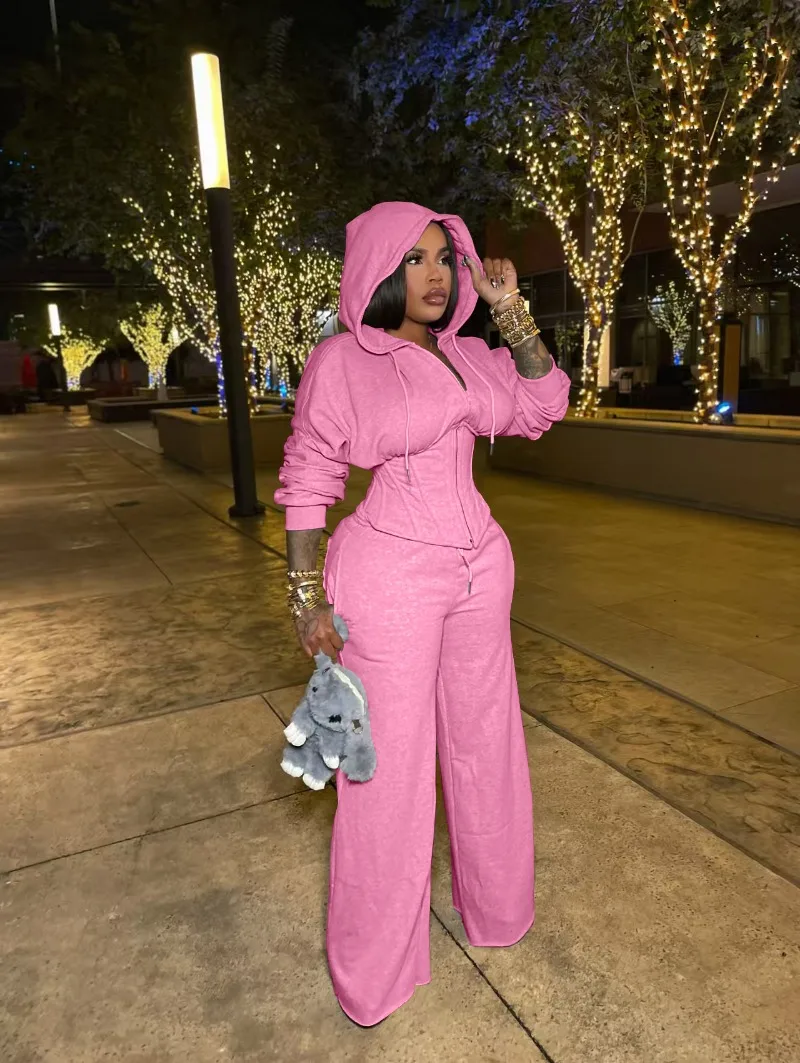 Moda 2 peça conjunto feminino sólido manga longa zíper rendas até espartilho moletom com capuz casaco superior + calças de perna larga casual fatos de treino