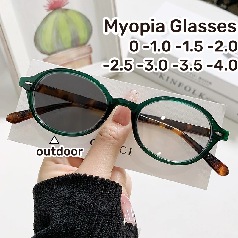 

Retro Korean Oval Small Frame Photochromic Myopia Eyewear New Elliptical Myopia Glasses Anti Blue Light Color Changing Glasses