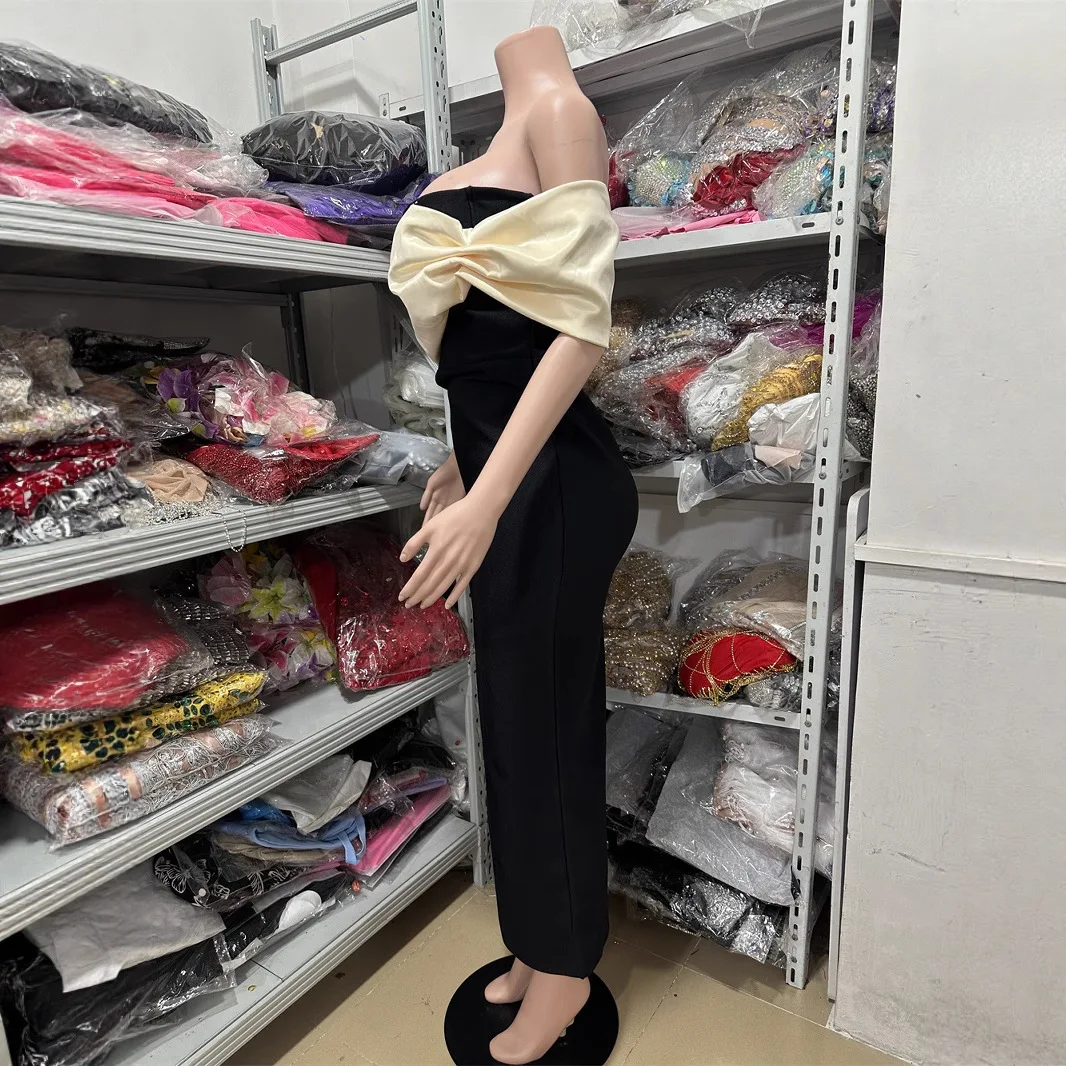 Robe de soirée élégante pour femmes, sans bretelles, Design Patch, longueur cheville, moulante, élastique, à bandes, une pièce, fête de célébrité