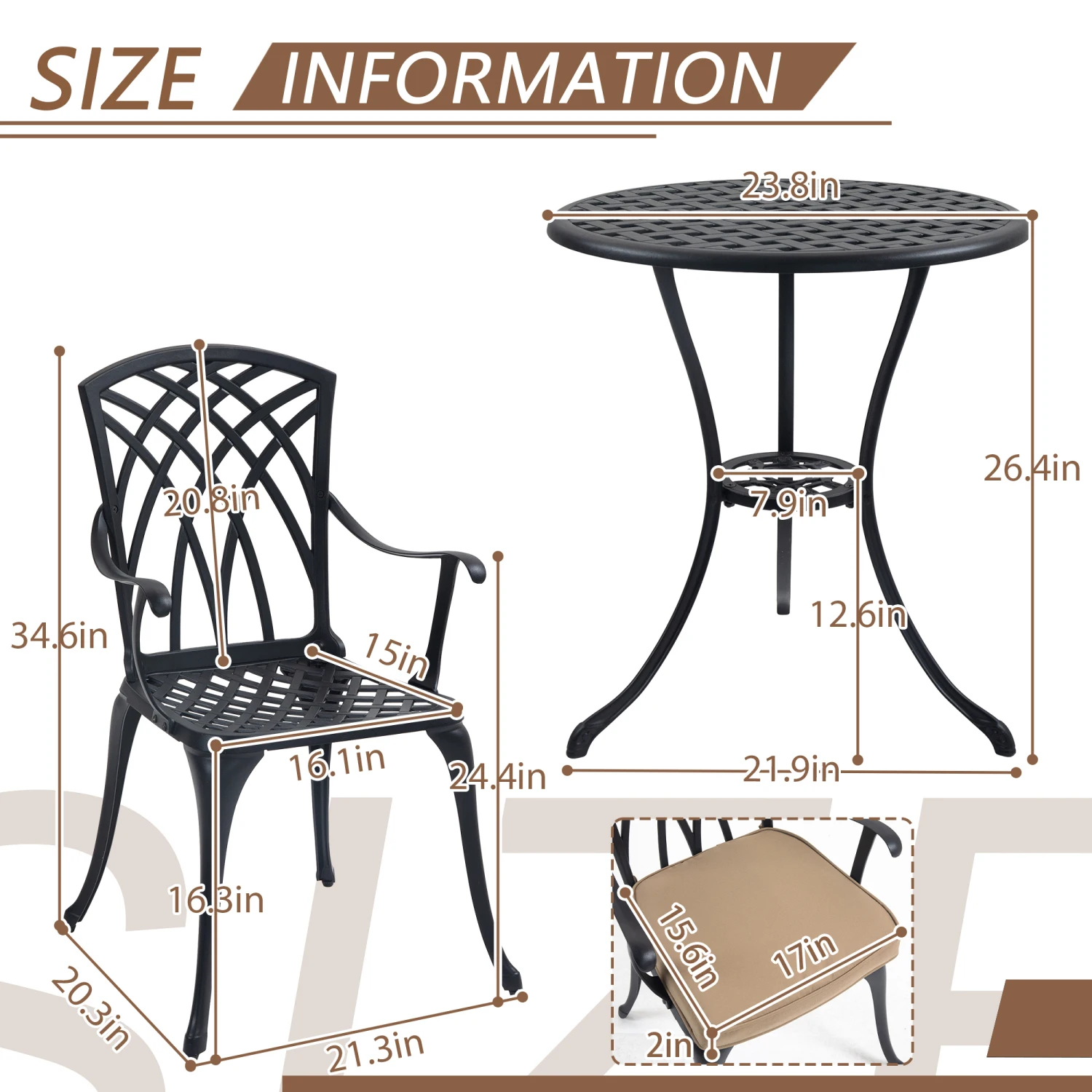 

3-Piece Cast Aluminum Bistro Set with Umbrella Hole, Grey Cushions for Patio, Balcony, Black