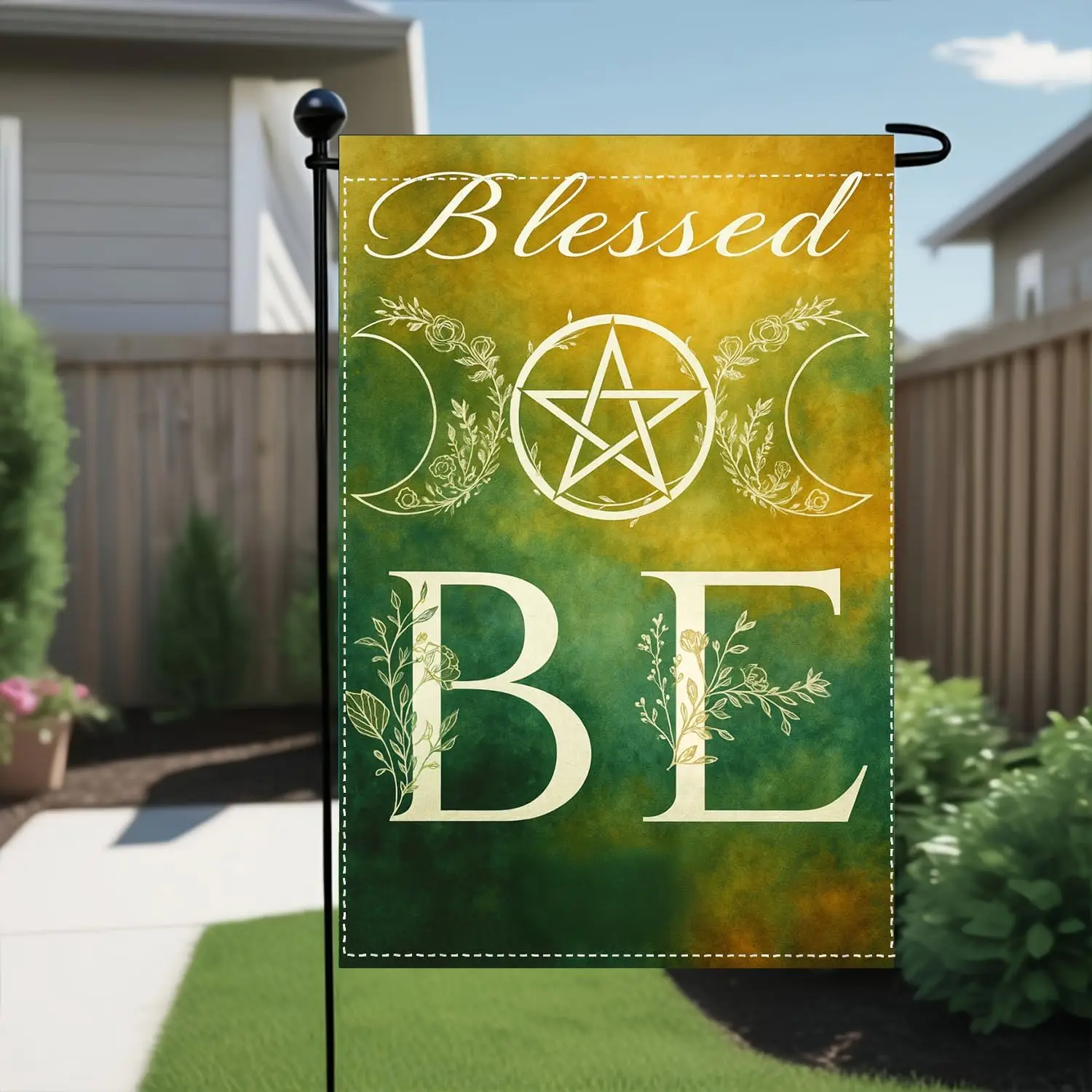 Blessed Be Garden Flag – 12x18 Inch Double Sided Outdoor Banner with Pentacle and Triple Moon Symbol for Witchy Porch or Alt GGX