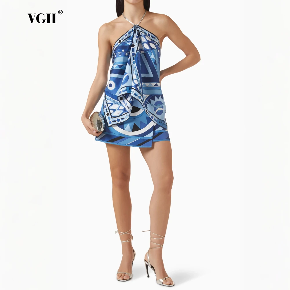 

VGH Daily Street Style Blue Print Halter Satin Tank Tops for Women Sleeveless Asymmetrical Hem Design Vest for Beach Vacation