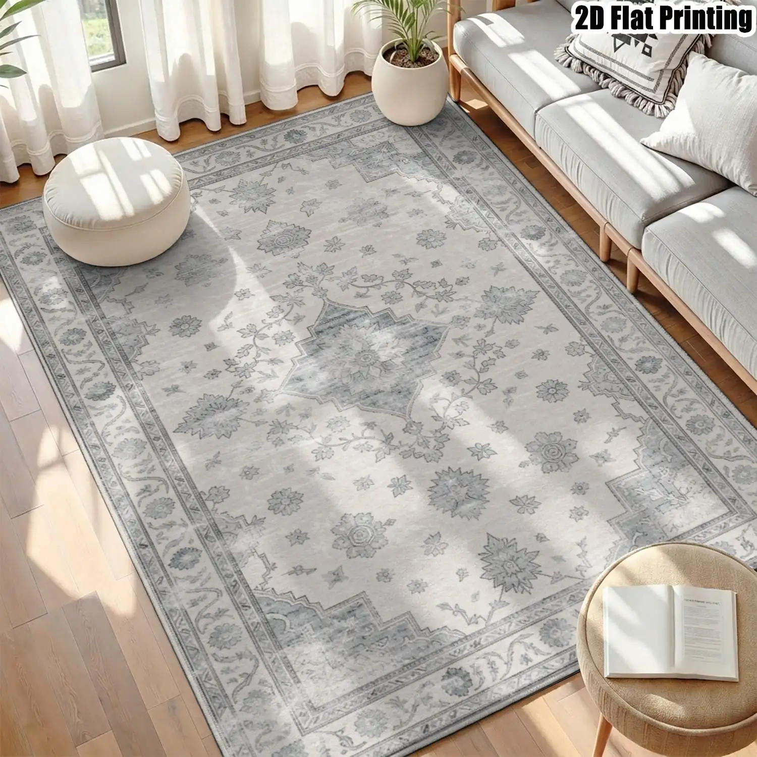 1Pc 2D Printed Carpet: Blue-Grey Retro Floral Pattern, European-Style Retro Minimalist Geometric Design, Home Decor Option, Multiple Sizes, Machine Washable, for Living Room, Bedroom, Dining Room, Entryway, Study