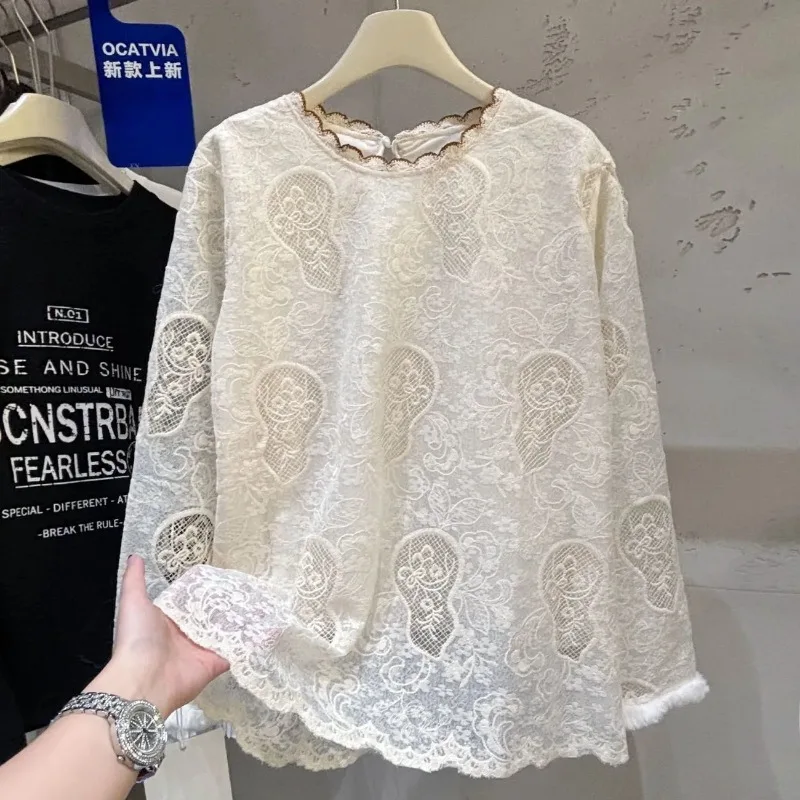 

Women's Beige Lace Embroidery Blouse Long Sleeve Scalloped Ee Crew Neck Loose Fit Casual Shirt Elegant Hollow Out Floral Top