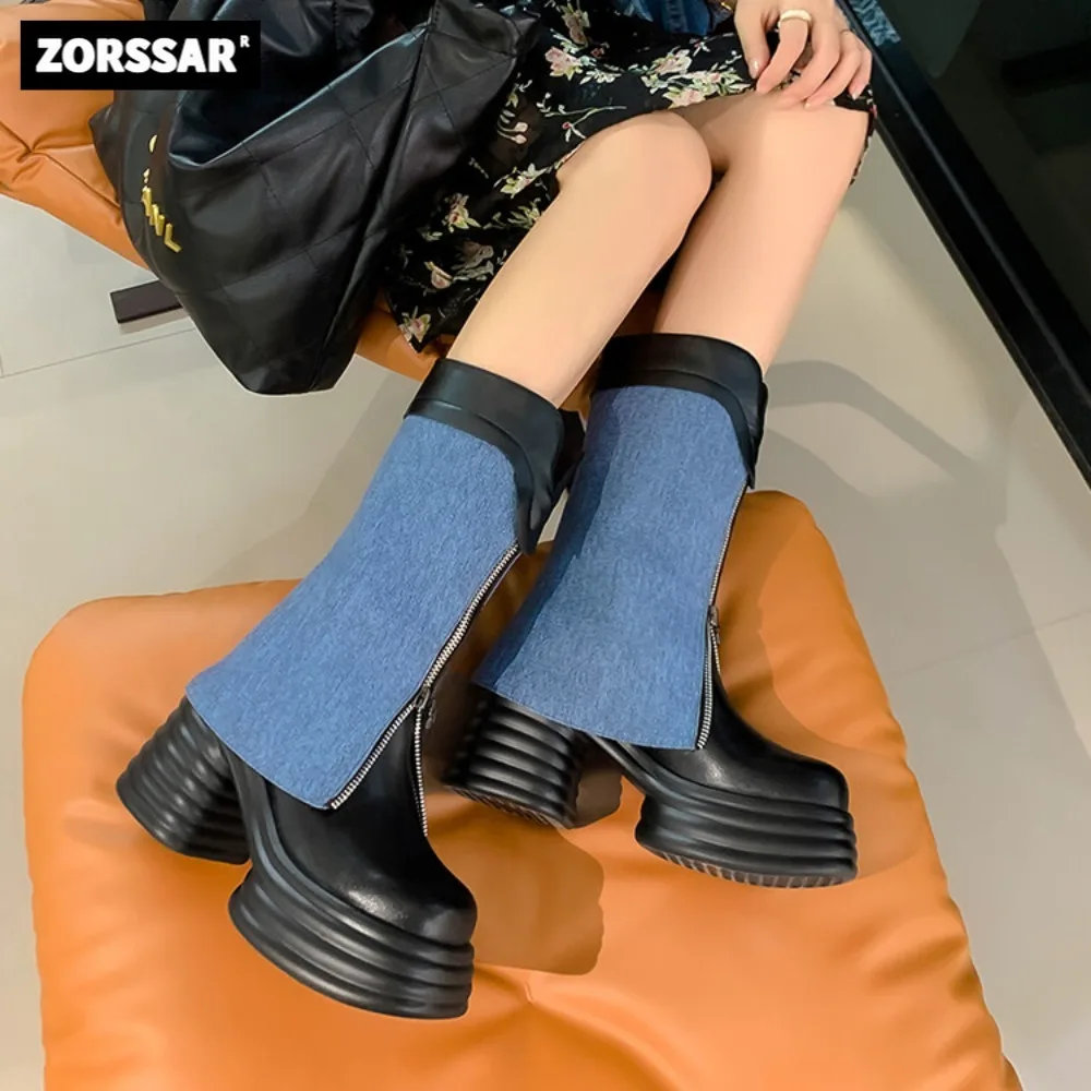 

Thick Heels Genuine Leather Knee High Boots For Women Punk Style Autumn Winter Chunky Platform High Boots Party Shoes Ladies