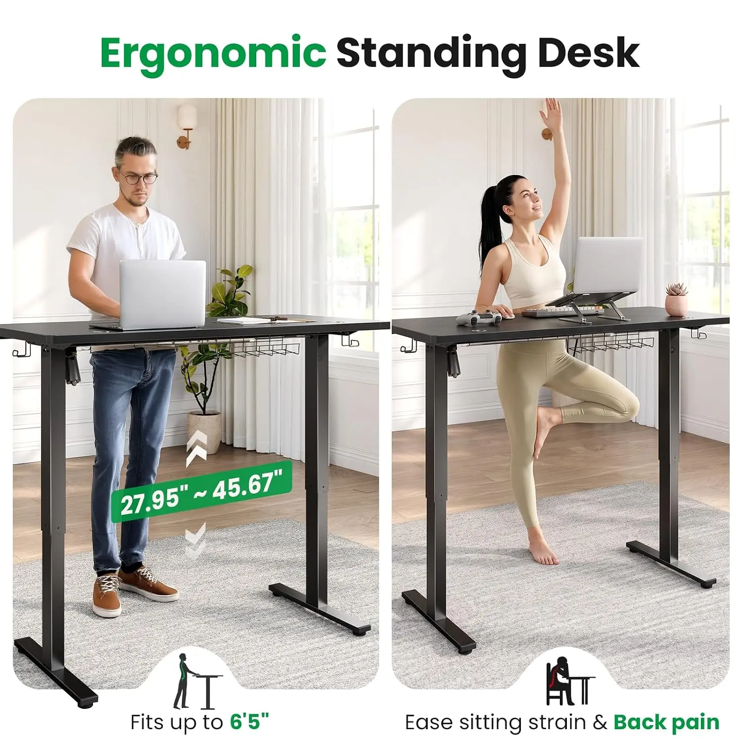 Electric Standing Desk Adjustable Height 63x24 Inch Cable Management 3 Memory Preset Home Office, Customized