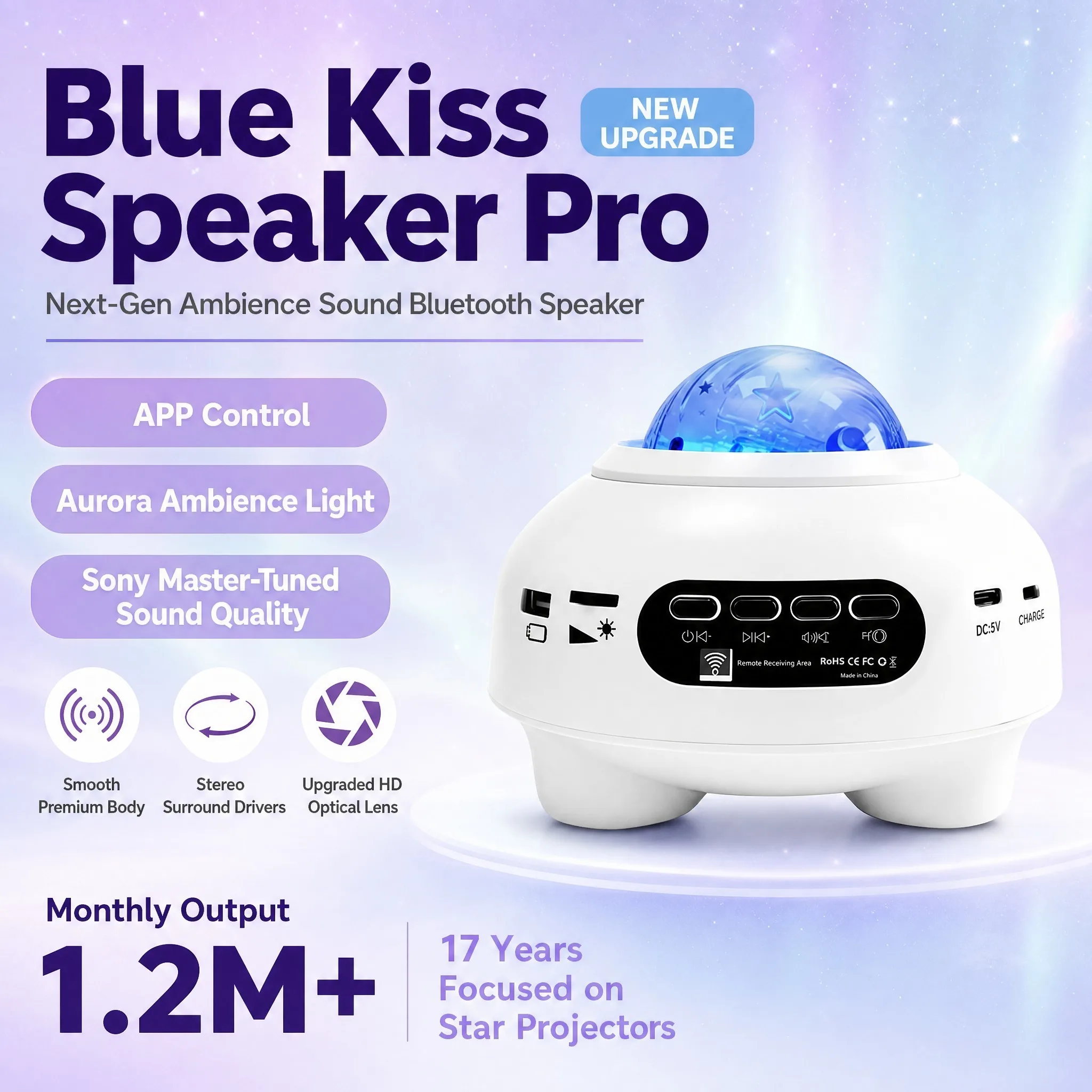 Galaxy Star Projector Night Light with APP, Bluetooth Speaker, Music Sync, 2400mAh, 4H Timer, 9 Modes for Bedroom Kids Party CE