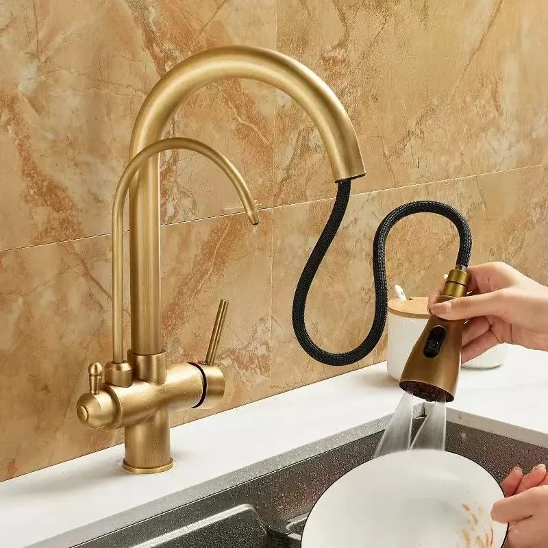 All-copper three-in-one kitchen pull-out wash basin with hot and cold water dual-function faucet