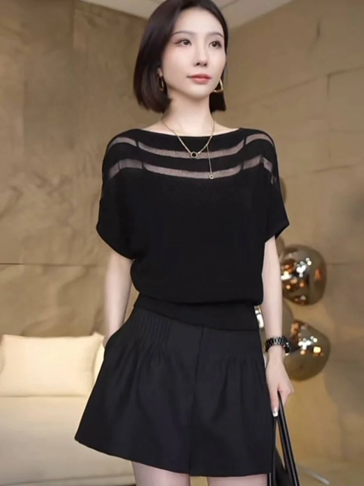 

Свободный вязаный топ с рукавами «летучая мышь», модный полупрозрачный топ с круглым вырезом, базовая майка-боди, летняя женская шелковая майка 2025 года