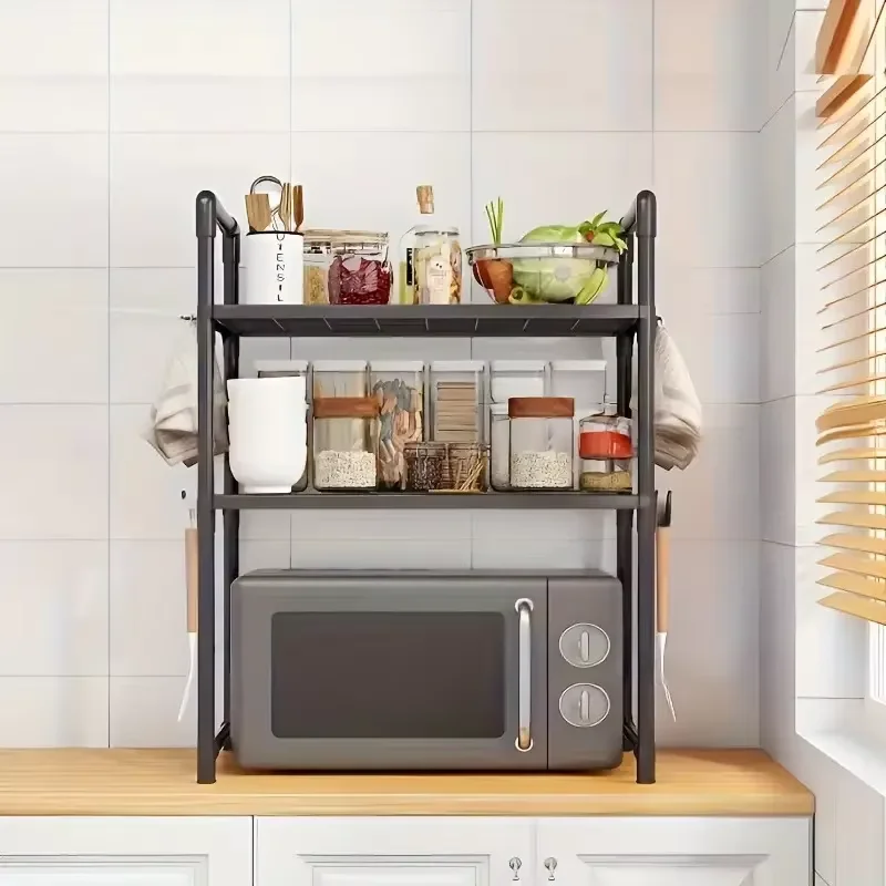 New Year: Heavy-Duty Adjustable/Stackable/Foldable Telescopic Upright Storage Rack/Microwave Stand - Multiple Models Available, Sturdy Metal Countertop Rack with Upper and Lower Shelves, Space-Saving Microwave Top Shelf and Small Appliance Storage/Spice Bottle Kitchen Utensil Rack, Hooks - Easy-To-Assemble Kitchen Organizer