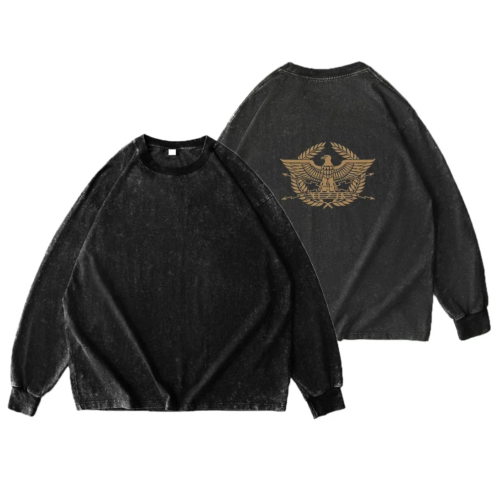 230g Heavyweight Washed Long Sleeve Tee Men Women Retro Golden Eagle Emblem Print Crew Neck Casual Street Top