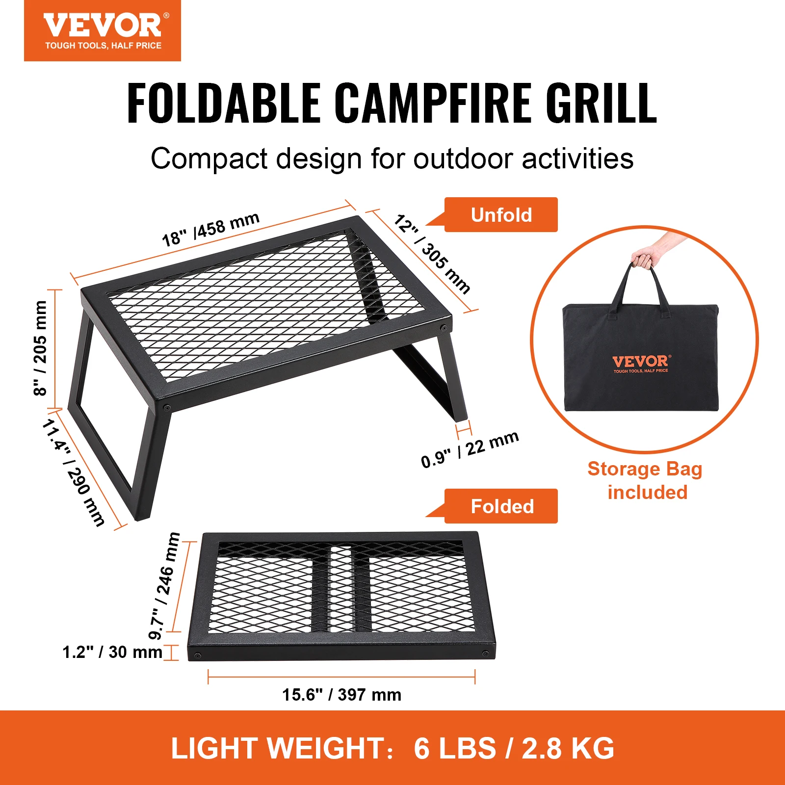 VEVOR Grille Pliante Gril de Feu de Camp Portable en Acier 458x305x205 mm BBQ