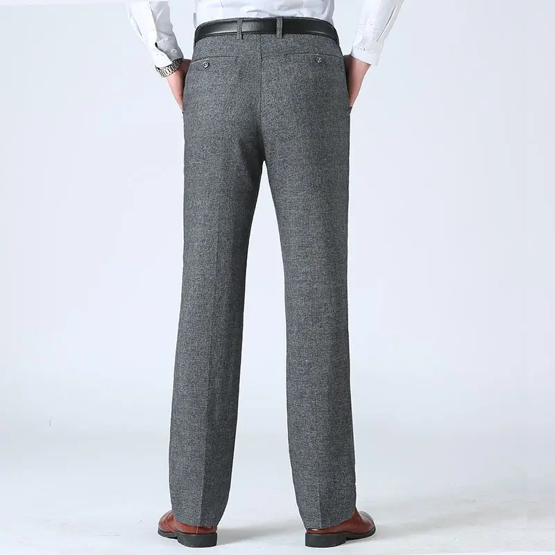 2023 Summer Middle-aged and Elderly Men\'s Casual High-waisted Straight Baggy Trousers Fashion Business Cotton Linen Suit Pants