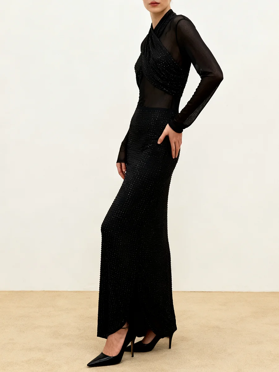 TWOTWINSTYLE Slimming Sheer Spliced Hot Fix Sexy Dresses for Women Stand Neck Long Sleeves High Waist Elegant Dress Female New