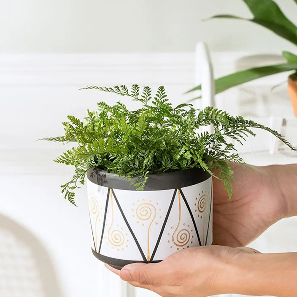 Stylish Minimalist Ceramic Flowerpot Handcrafted Line Art Pattern Small Succulent Plant Container with Drainage Holes Indoor