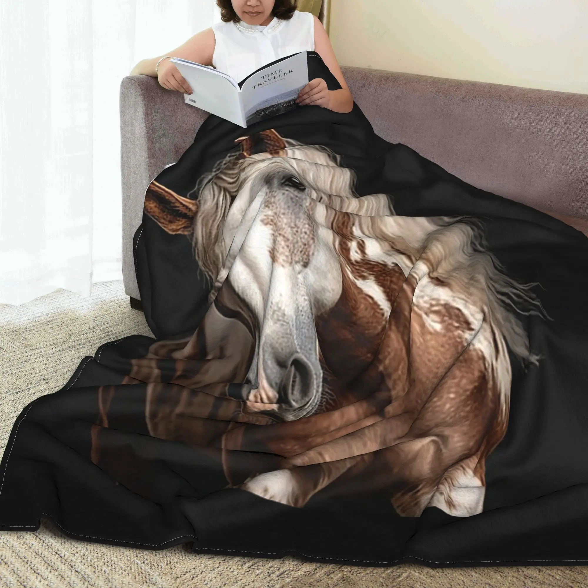 Manta con retrato de caballo pintado, manta portátil de franela para sofá, ropa de cama, colcha para exteriores