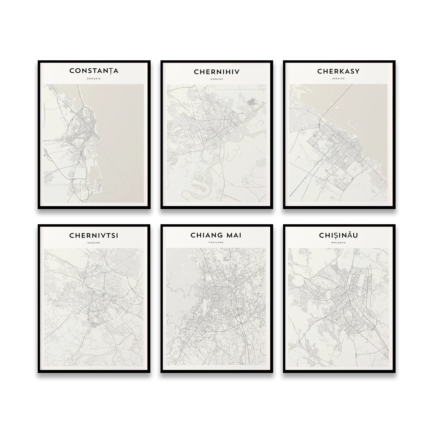Constanta. Cochabamba. Cinque Terre. Christchurch. Chisinau. Chiang Mai. Chernivtsi. Chernigov. Cherkasy. Cities Map Poster