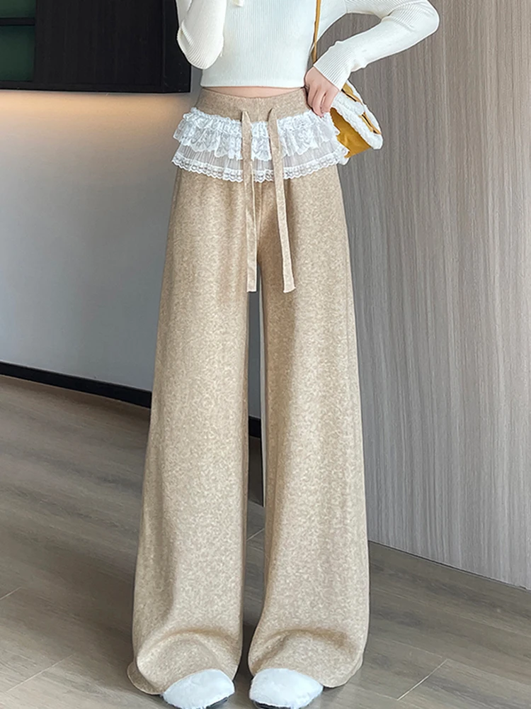 Calças de Perna Larga em Tricô com Detalhes em Renda para Mulheres, Novas e Bonitas, Calças Casuais de Outono com Sensação de Alta Qualidade