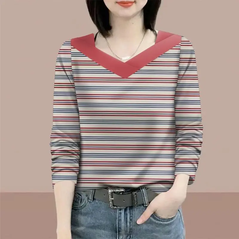Contrast Striped Long-sleeved T-shirt for Women Loose Bottoming Casual Right Shoulder V-neck Top