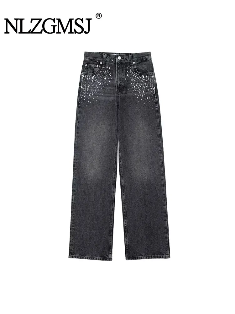 

TRAF 2024 Spring Autumn Woman Jewelry Embellished Straight Denim Long Pants Fashion Mid Waist Vintage Casual Slim Trousers