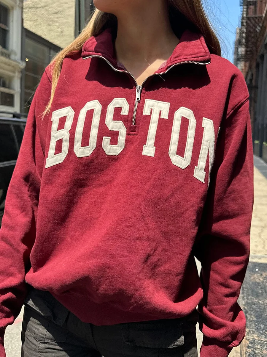 Boston Embroidered Half Zip Sweatshirt Women Autumn Winter Long Sleeve Lapel Sweatshirt Vintage Street 2000s Pullover 2023