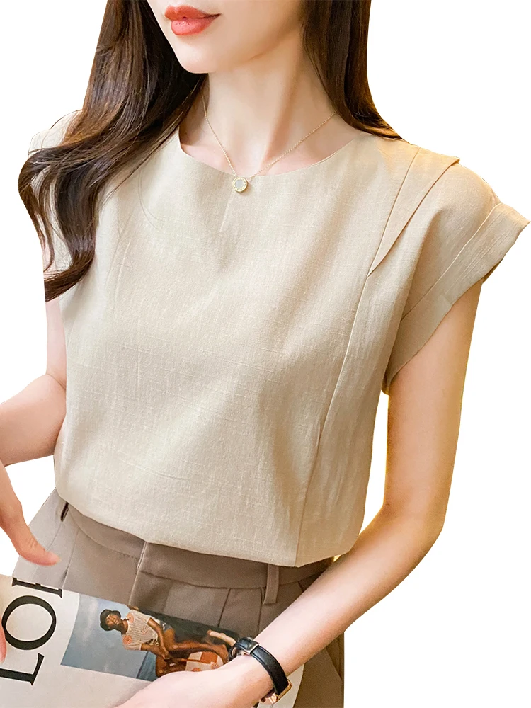 QOERLIN Women New Shirts Summer Cotton Linen O Neck Pullover Sleeveless Blouse Back Keyholes Tops Blouse White Black Apricot Top