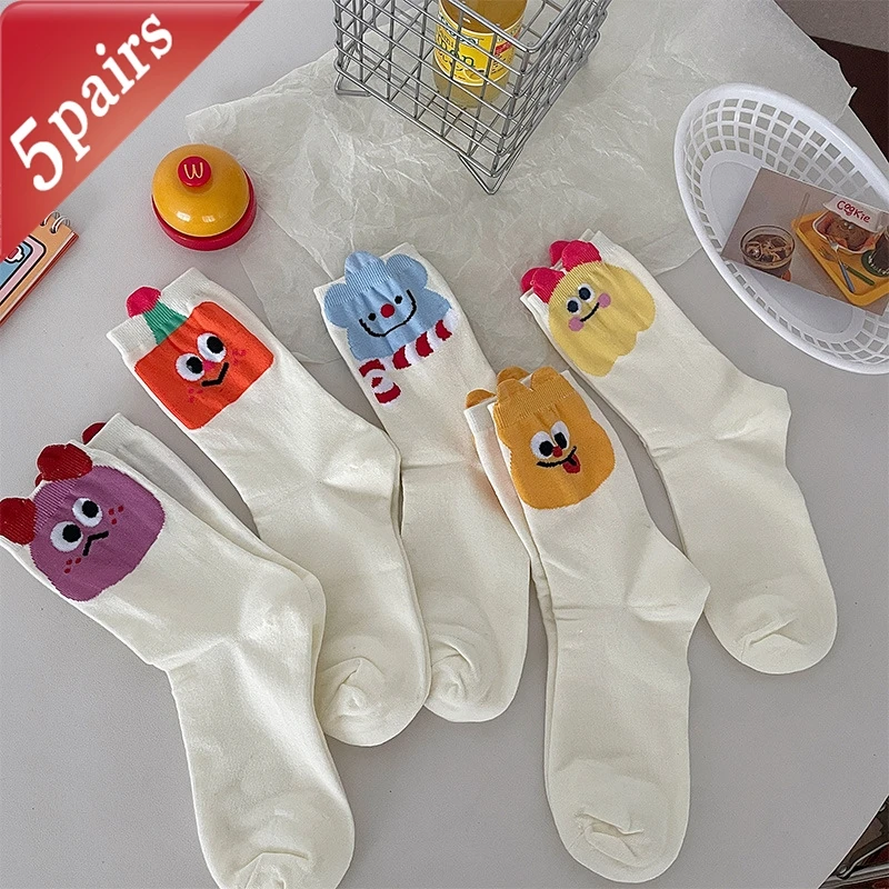 

5 Pairs Women's Socks Set Korean Funny Expressions Cute Versatile Kawaii Mid Tube Socks Comfort Breathable Cotton Socks For Girl