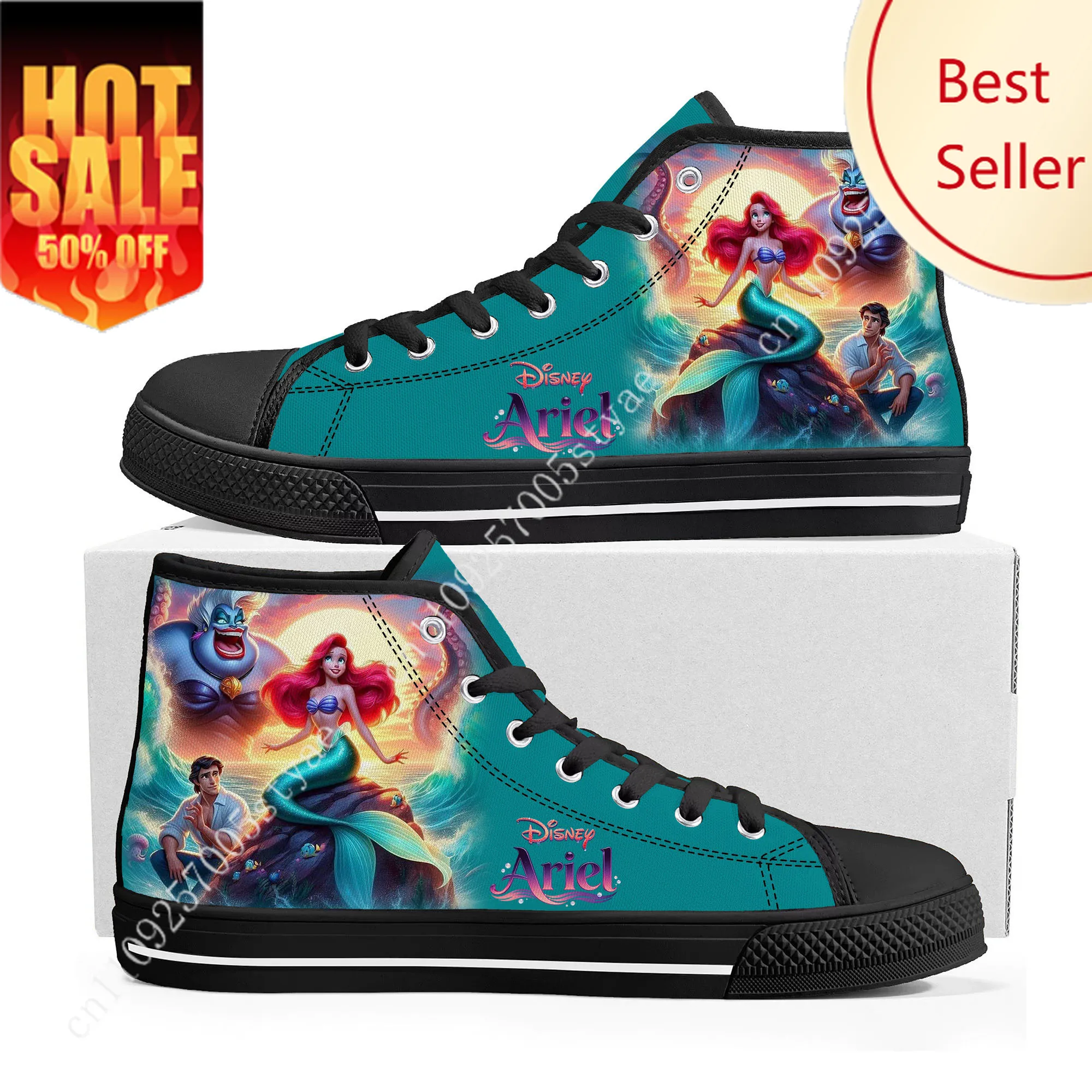 

Ariel The Little Mermaid High Top Sneakers Disney Cartoon Movie DIY Decorate Shoes Design Your Party Holiday Gifts Custom Shoe