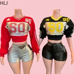 HLJ Fashion Streetwear Women Print V Neck Long Sleeve Pullover + Button High Waist Shorts Two Piece Sets Y2K Sporty 2pcs Outfits