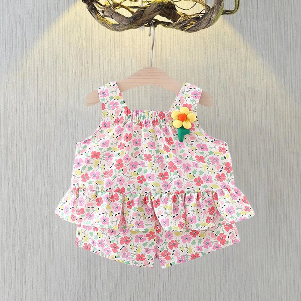 2-piece Summer New Girl\'s Sleeveless Cute Printed Strap Top and Shorts Cool Summer Set Suitable for 0-3 Years Old