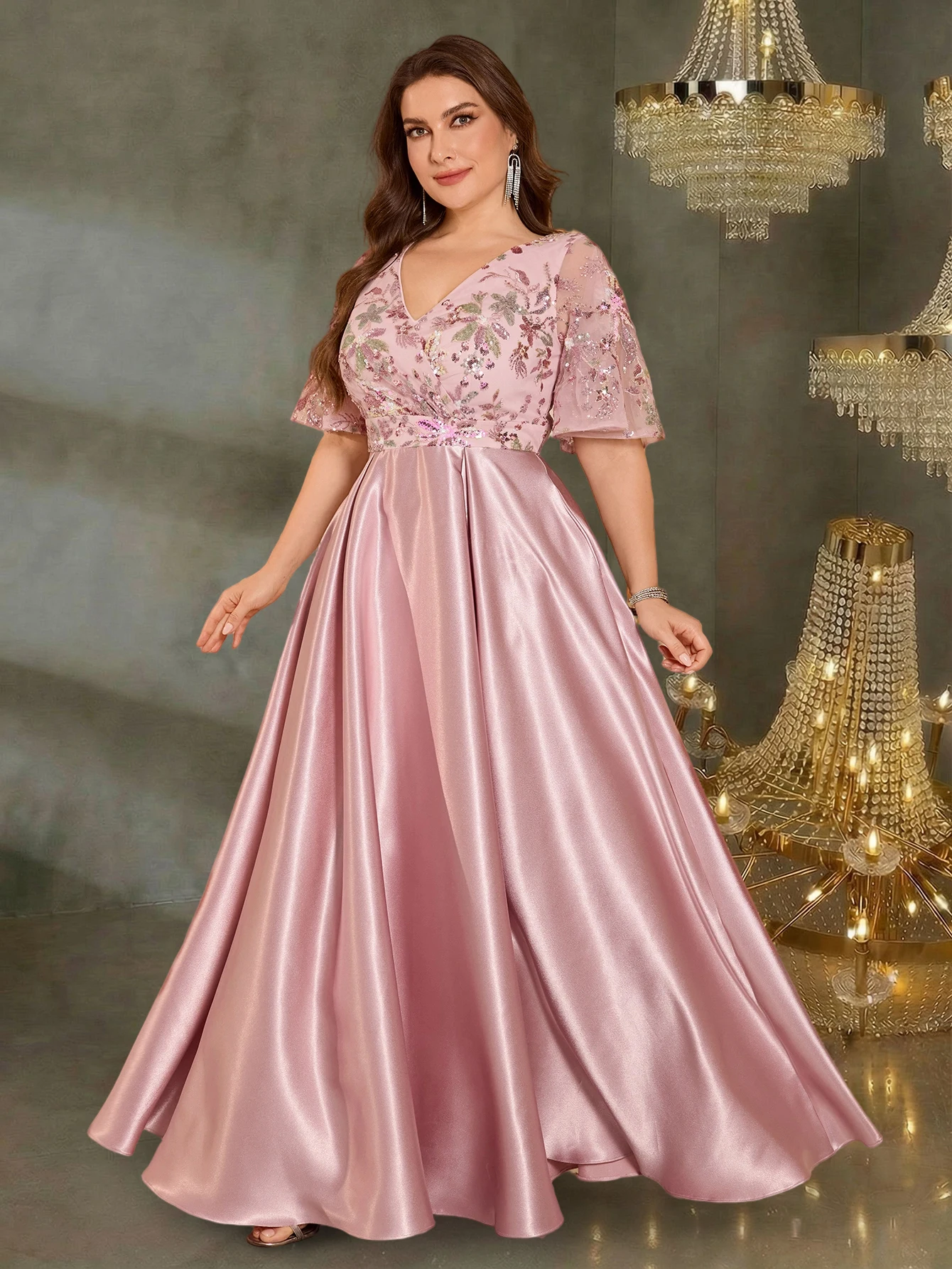 Lucyinlove Plus Size Short Sleeve Sequin Formal Evening Dresses Women Long Mermaid Wedding Party Bridesmaid Guest Gowns