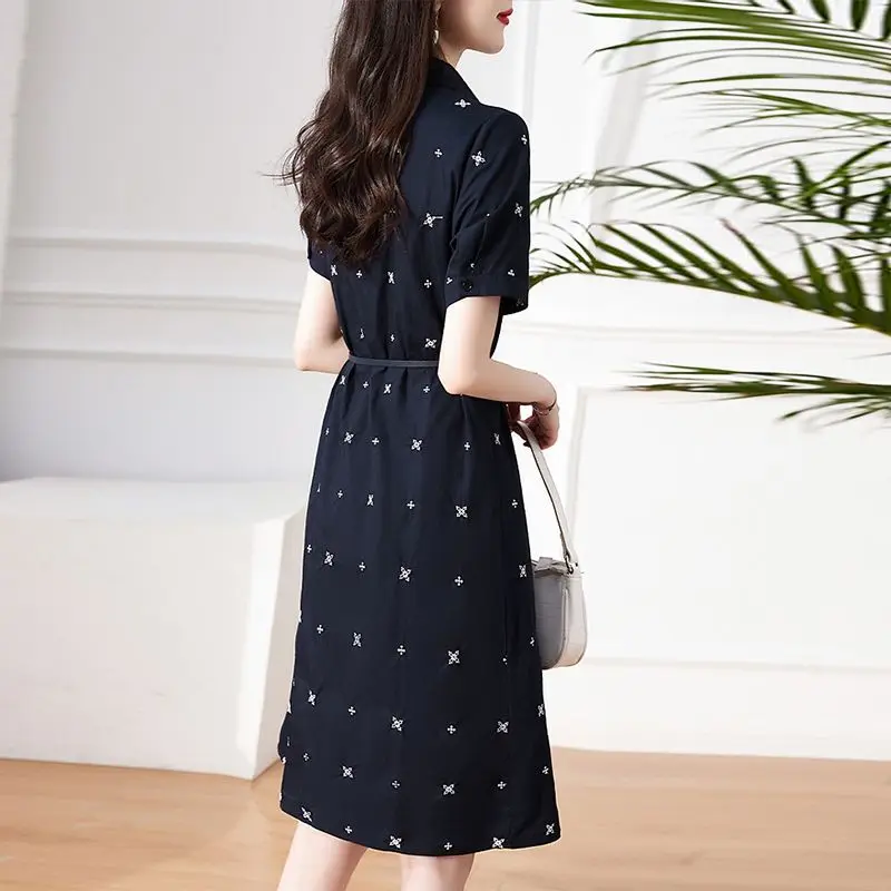 Women Clothing 2024 Summer Fashion Print with Belt Elegant Shirt Dresses Female Short Sleeve High Waist Slim Midi Dress Vestidos