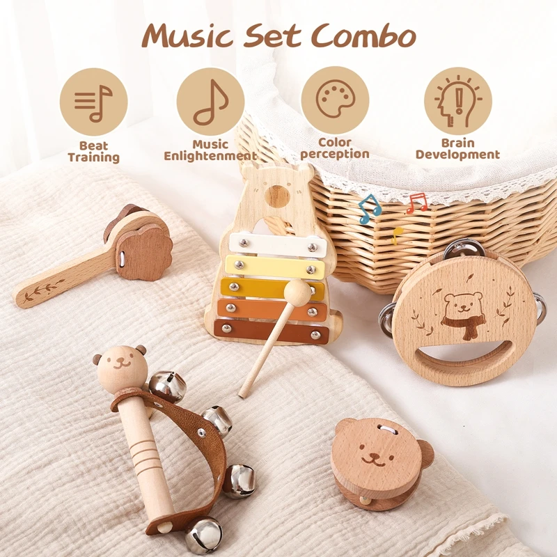 Instrumentos musicales de madera para niños, juguetes educativos Montessori, juego de instrumentos de música de madera Natural, juego de regalo de cumpleaños para recién nacidos