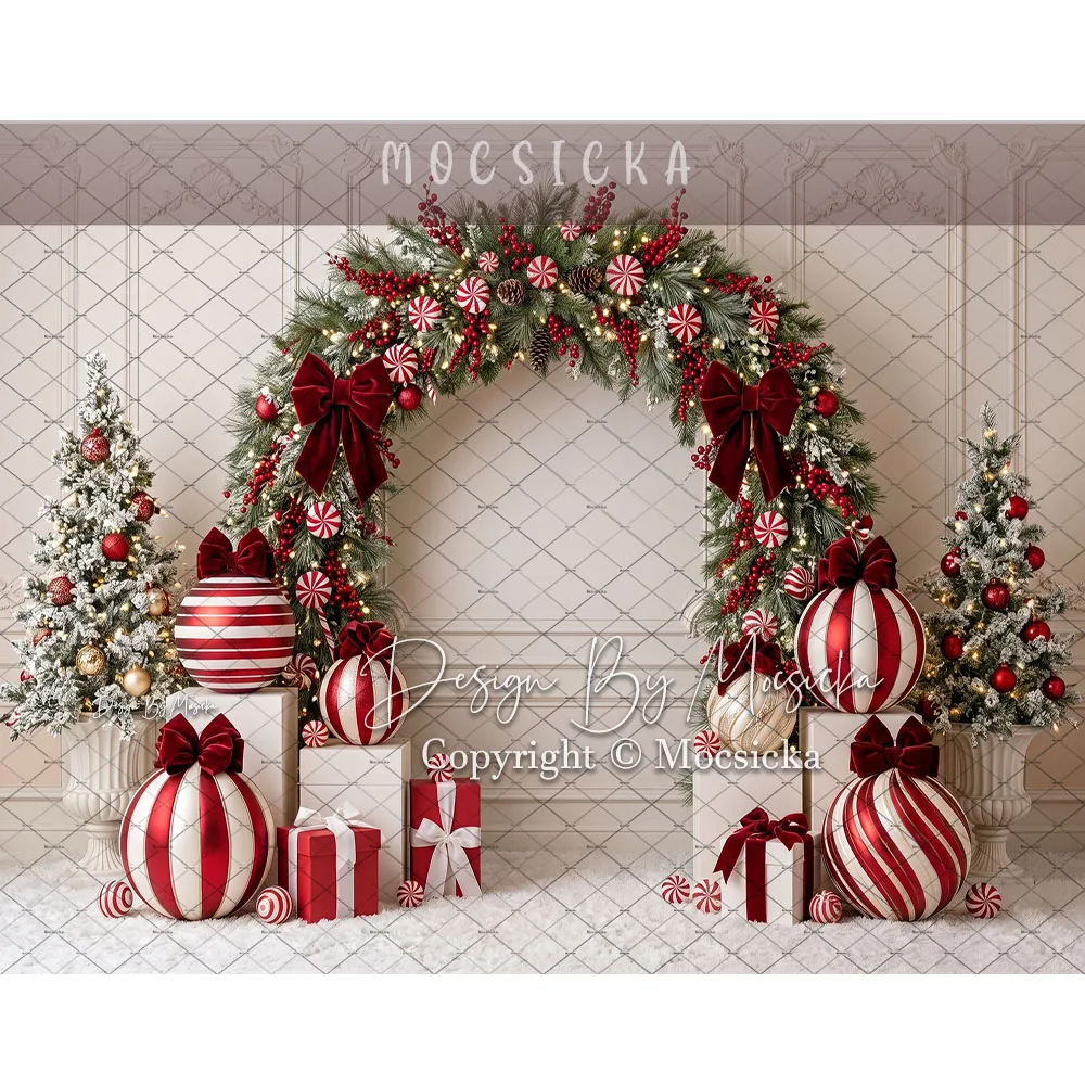 Mocsicka Merry Christmas Backdrop Photography Xmas Candy Arch Wreath Gift Room Background Winter Family Kids Studio Photoshoot