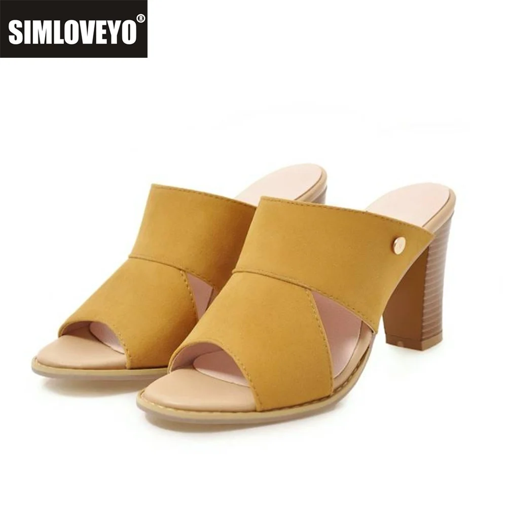 

SIMLOVEYO 2026 Fashion Women's Sandals Peep Toe 8.5cm Block Heels Flock Suede Slip On Mules Plus Size 40 41 42 43 Daily Shoes