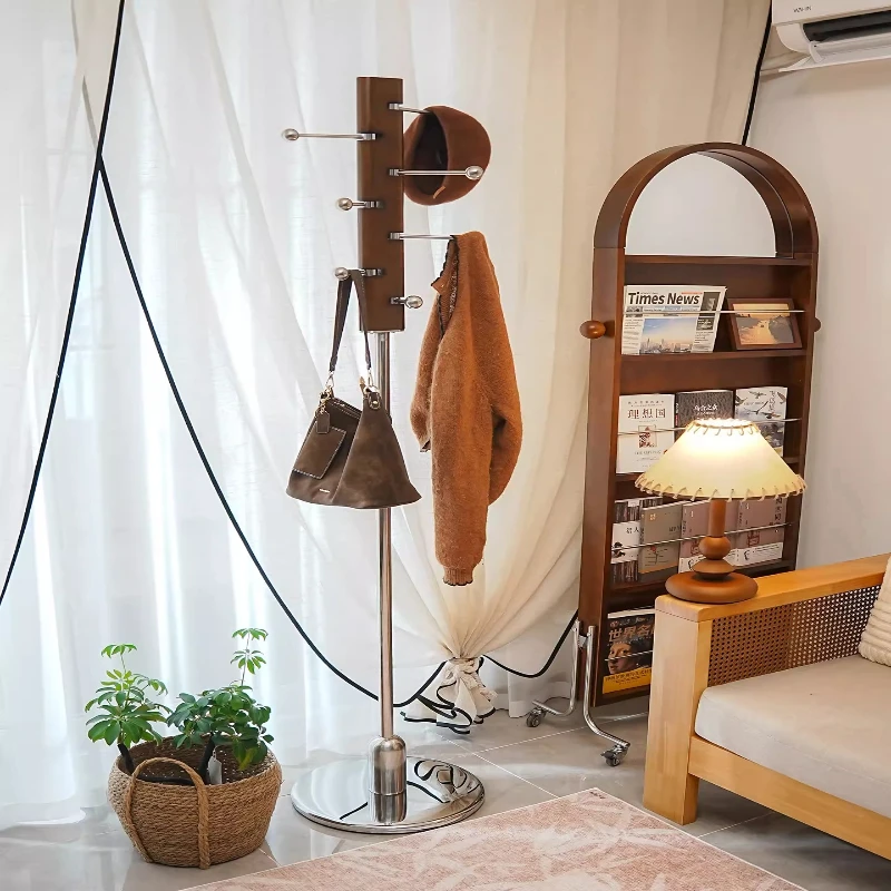 Solid Wood Coat Rack Mid Century Modern Entryway Furniture Bauhaus Stainless Steel Clothes Stand with Hook for Bags Storage Rack