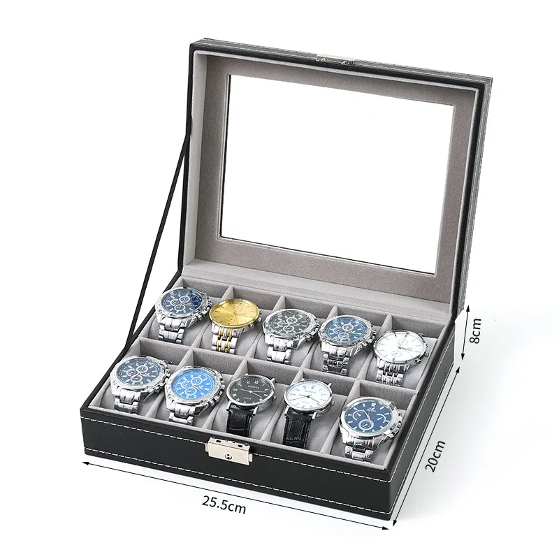 6/10/12Slots Gray Watch Boxes Watch Case with Large Glass Lid, Removable Watch Pillows, Watch Box Organizer, Gift for Loved Ones