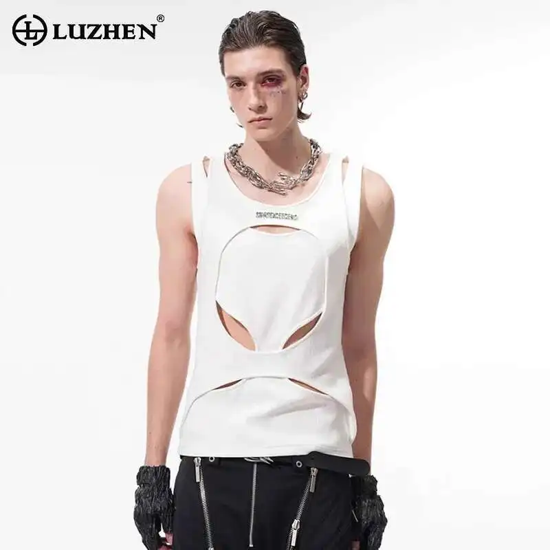 

LUZHEN 2025 Summer Personalized Hollow Out Design Solid Color Sleeveless T-shirts Men's Stylish Luxury Street Casual Tops JY1127