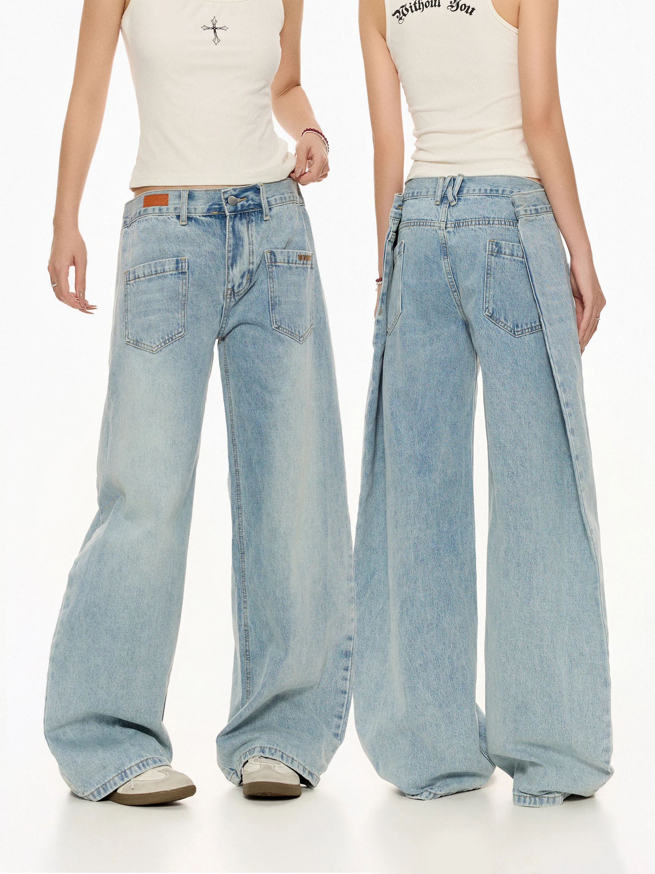 

High Waist Wide Leg Straight Cut Jeans Women's Retro American Style Beer Captain Hot Girl Side Drifting Belt Casual Jeans