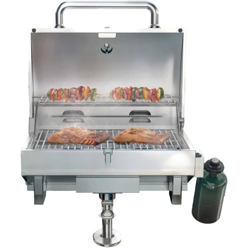 Stainless Steel Boat Grill with Rod Holder Mount  12000 BTU Burner, 277 sq.in Grilling Space and 87 sq.in Warming Rack