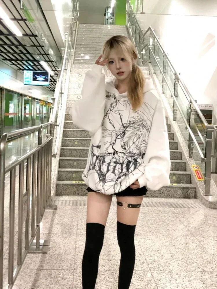 Japonês dos desenhos animados impressão grunge hoodie masculino e feminino gótico casual harajuku com capuz y2k moletom estético oversized streetwear